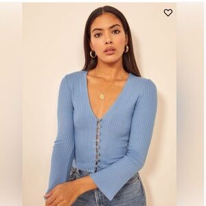 Reformation Sky Blue V-Neck Buttoned Blouse